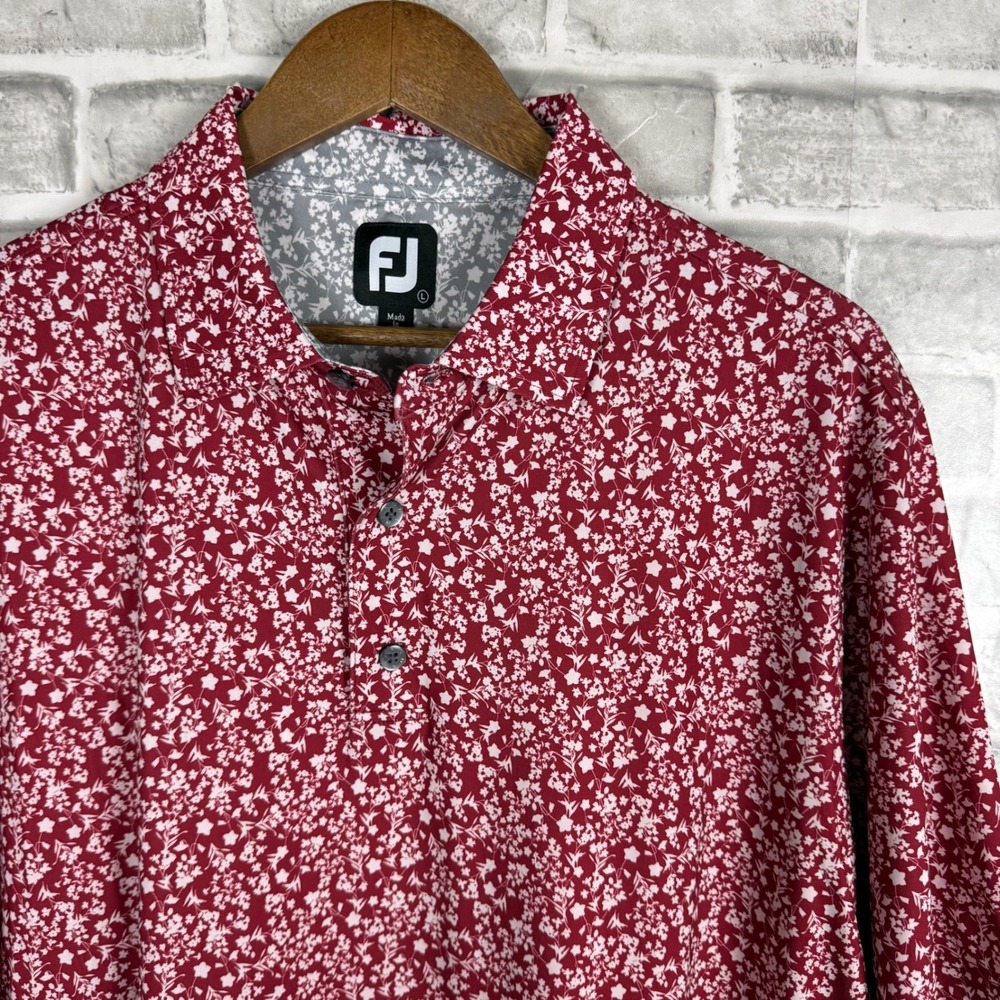 FootJoy Mens Red White Micro Floral Lisle Golf Polo Shirt Large Short Sleeve FJ